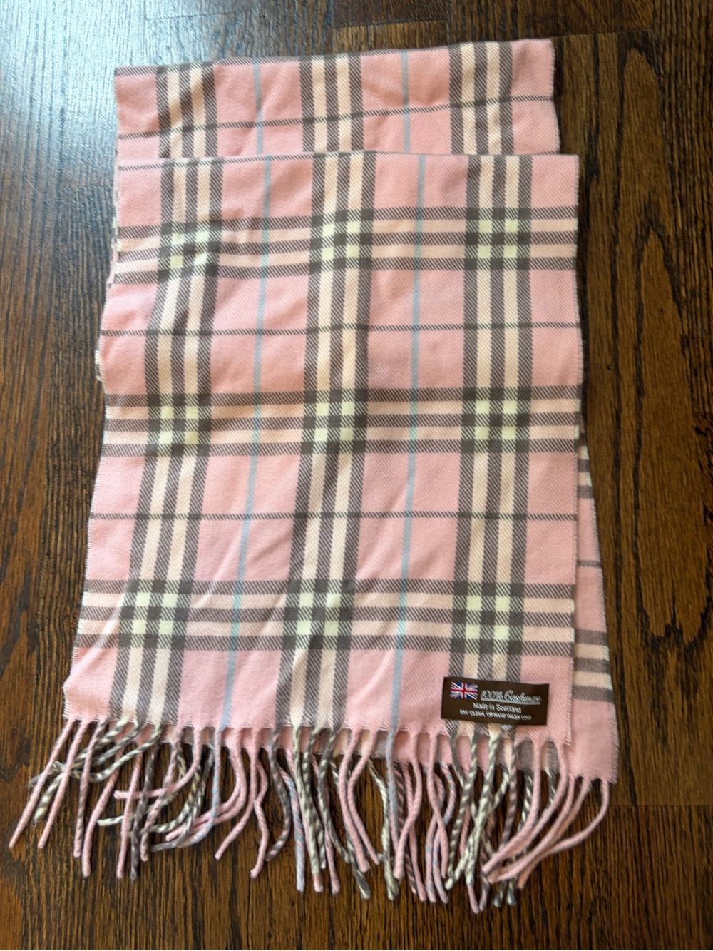 100% cashmere designer inspired Classic Pink Plaid Fringe Scarf